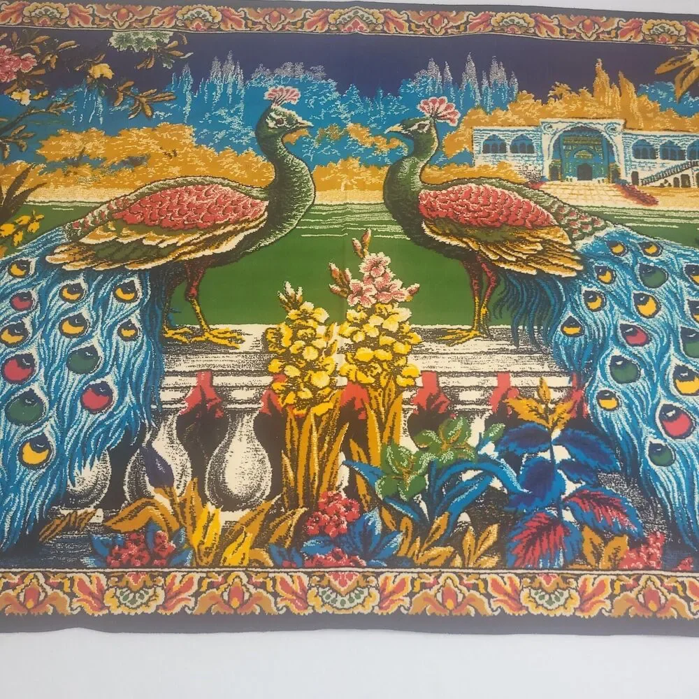 Peacock Theme Wall Rug Vintage Tapestry 1970's Made in Turkey 38 x 51